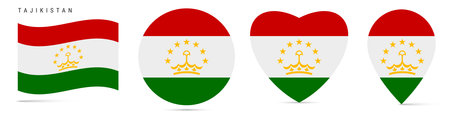 Tajikistan waving flag, round circle sticker badge, heart shaped icon, map pin. Tajik flag buttons of different shapes. Vector illustration isolated on white.のイラスト素材
