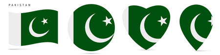 Pakistan waving flag, round circle sticker badge, heart shaped icon, map pin. Pakistani flag buttons of different shapes. Vector illustration isolated on white.のイラスト素材