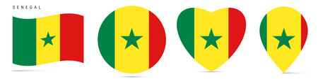 Senegal waving flag, round circle sticker badge, heart shaped icon, map pin. Senegalese flag buttons of different shapes. Vector illustration isolated on white.のイラスト素材