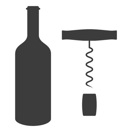 Wine bottle, corkscrew and cork. Flat vector illustration isolated on white background.のイラスト素材
