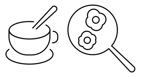 Fried eggs and coffee. Breakfast, cafe. Cup, frying pan. Line icon. Flat vector illustration isolated on white background.のイラスト素材