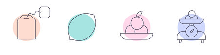 Minimal line icon set with tea bag, lemon, fruit dessert and kitchen scale. Concept of healthy food, diet, tea time, cooking and nutrition. Modern outline illustration for web, UI and stock design.のイラスト素材