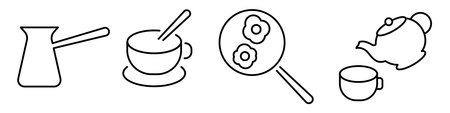 Set of black line kitchen and drink icons including coffee pot, cup with spoon, frying pan, teapot and mug. Minimal outline symbols isolated on white background.のイラスト素材