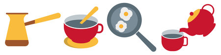 Set of colorful kitchen and hot drink icons including coffee pot, cup, frying pan with eggs and teapot. Flat illustration isolated on white background.のイラスト素材