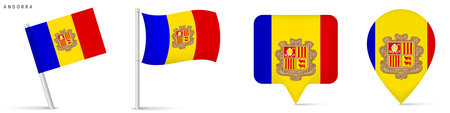 Set of Andorra flag illustrations including waving flags on flagpoles and location pin icons.のイラスト素材