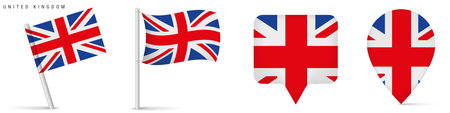 United Kingdom national flag collection including waving flags and map pin markers. Isolated vector style illustration for travel, location, navigation and geography projects.のイラスト素材