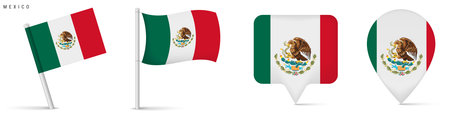 Set of Mexico national flag in different styles including waving flag on pole and map pin icons. Isolated vector elements for travel, location and country concepts.のイラスト素材