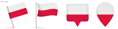Set of Poland national flag icons including waving flag, pole flag and location map pins. Clean isolated design suitable for travel, geography, navigation and country identification themes.のイラスト素材