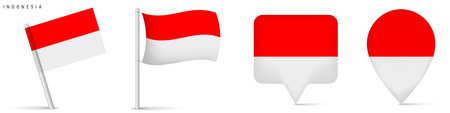 Indonesia national flag icon set featuring waving flag and location map pins. Clean isolated design for travel, geography, navigation and Southeast Asia country representation.のイラスト素材