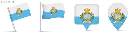 Set of San Marino national flag icons including waving flag and location map pins. Clean isolated design for travel, geography, navigation and European microstate themes.のイラスト素材
