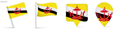 Set of Brunei national flag icons including waving flag and location map pins. Clean isolated design for travel, geography, navigation and Southeast Asia concepts.のイラスト素材
