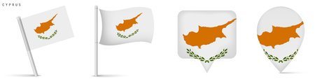 Cyprus national flag icon set featuring waving flag and location map pins. Isolated design suitable for travel, geography, navigation and eastern Mediterranean concepts.のイラスト素材