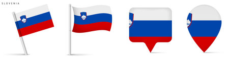 Slovenia national flag icon set featuring waving flag and location map pins. Isolated design suitable for travel, geography, navigation and central Europe concepts.のイラスト素材