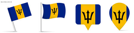 Set of Barbados national flag icons including waving flag and location map pins. Clean isolated design for travel, geography, navigation and Caribbean concepts.のイラスト素材
