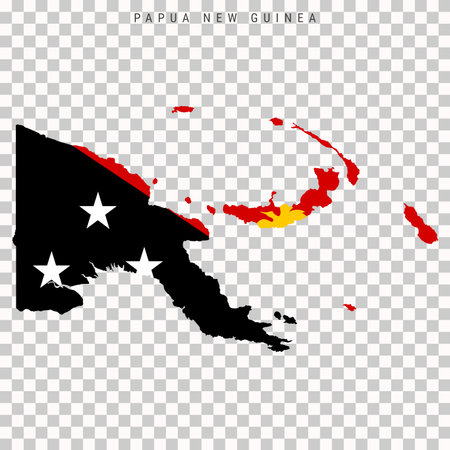 Map of Papua New Guinea filled with national flag colors. Island country silhouette isolated on transparent background for geography, infographic and design use.のイラスト素材