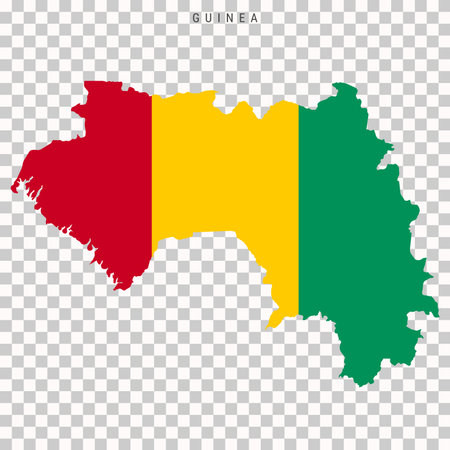 Silhouette map of Guinea decorated with national flag colors. Country outline isolated on transparent background for education and travel design use.のイラスト素材