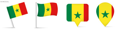 Set of Senegal flag icons featuring waving flag on pole, rectangular location marker and map pin icon. National symbol isolated on white background for travel and geography themes.のイラスト素材