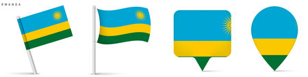Set of Rwanda flag icons including waving flag on pole, rectangular location marker and map pin icon. National symbol isolated on white background for travel and geography graphics.のイラスト素材