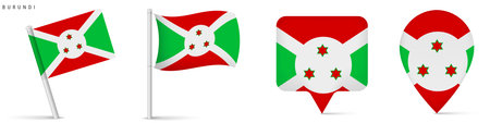 Burundi flag icon collection featuring waving flag on pole, rectangular location marker and map pin shape. National symbol isolated on white background for travel and geography design.のイラスト素材