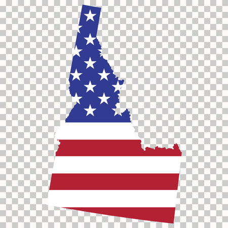 Outline map of Idaho filled with the United States flag pattern. State silhouette isolated on transparent background for geography and educational use.のイラスト素材