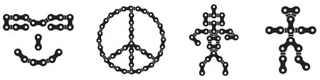 Set of symbols made from bicycle chain links including smiley face, peace sign and abstract figures,...