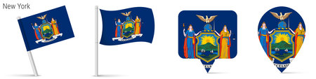 Set of New York state flag icons including waving flag, flag on pole, square marker and map pin. US state symbol isolated on white background for travel and geography design.のイラスト素材