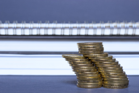 coins on the background of the booksの写真素材