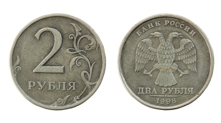 Old Russian coin two roubles on a white background.の写真素材