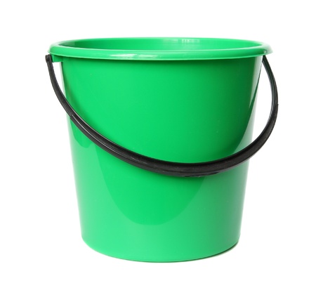 Green plastic bucket isolated on white background.の写真素材