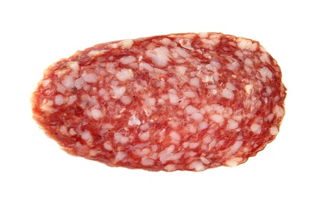 Piece of sausage close up on a white background.の写真素材