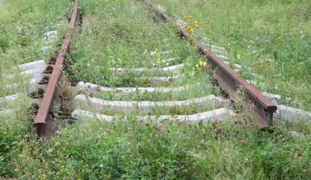 Old railway rails on a grass.の写真素材