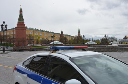 Russia, Moscow. A police car near the Moscow Kremlin.の写真素材