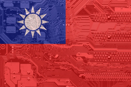 Computer plate close up and flag of Taiwanの写真素材