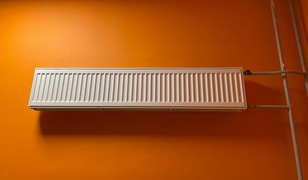 Large modern white heating radiator on the wall of the roomの写真素材