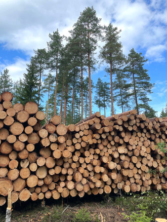 The sawn trees in the wood. Many large tree trunks stacked