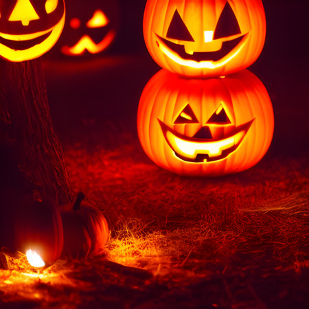 Halloween Pumpkin background with spooky pumpkin jack o lantern in a dark moody forest wallpaper, photos,の素材