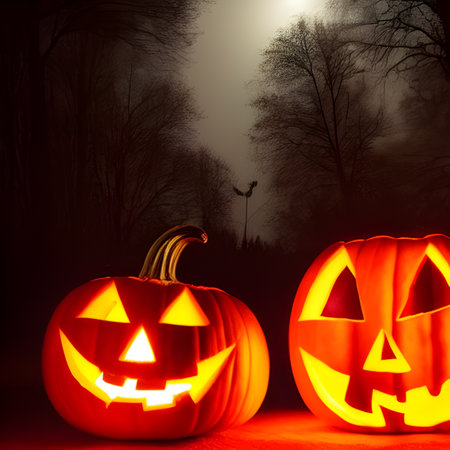 Halloween Pumpkin background with spooky pumpkin jack o lantern in a dark moody forest wallpaper, photos,の素材