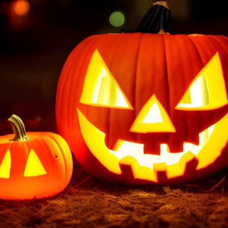 Halloween Pumpkin background with spooky pumpkin jack o lantern in a dark moody forest wallpaper, photos,の素材