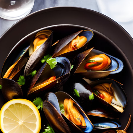 Delicious seafood mussels Sherry with Chorizo sauce and parsley, tasty food picture wallpaper, photos,の素材
