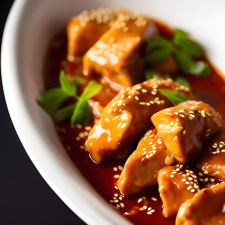 crispy fried sesame chicken in galbi sauce with pickled radish plate food picture wallpaper, photos,の素材