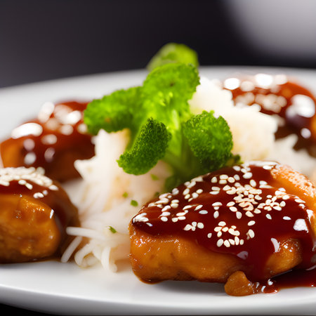 crispy fried sesame chicken in galbi sauce with pickled radish plate food picture wallpaper, photos,の素材