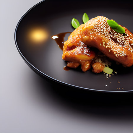 crispy fried sesame chicken in galbi sauce with pickled radish plate food picture wallpaper, photos,の素材