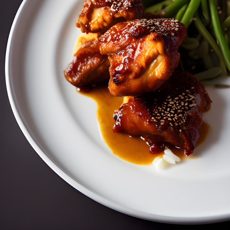 crispy fried sesame chicken in galbi sauce with pickled radish plate food picture wallpaper, photos,の素材