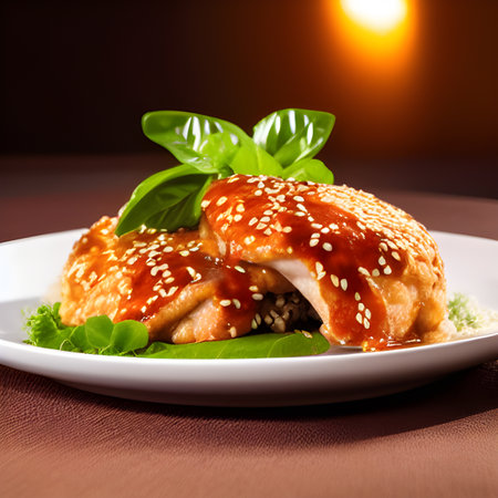 crispy fried sesame chicken in galbi sauce with pickled radish plate food picture wallpaper, photos,の素材