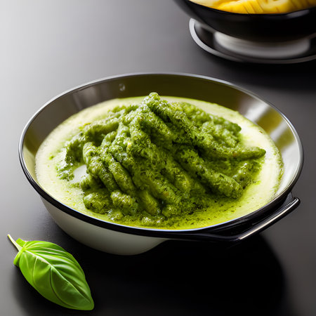 pesto alla genovese served on plate ingredients parmesan basil pine nuts food picture wallpaper, photos,の素材