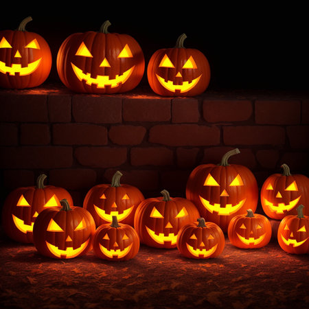 Halloween realistic Pumpkin background with spooky pumpkin jack o lantern in a dark moody forestの素材