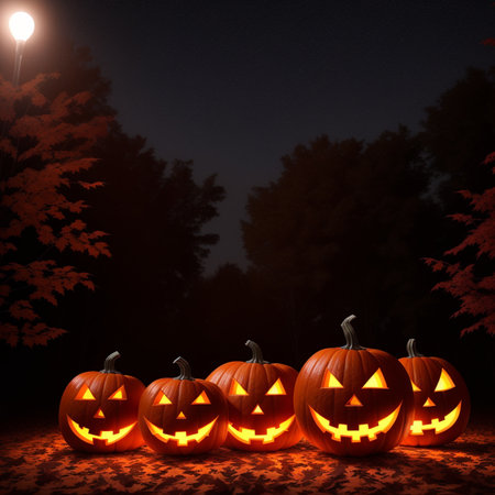 Halloween realistic Pumpkin background with spooky pumpkin jack o lantern in a dark moody forestの素材