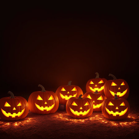 Halloween realistic Pumpkin background with spooky pumpkin jack o lantern in a dark moody forestの素材