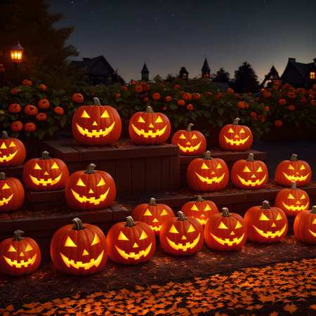 Halloween realistic Pumpkin house background with spooky pumpkin jack o lantern in a dark moody forest wallpaper,の素材