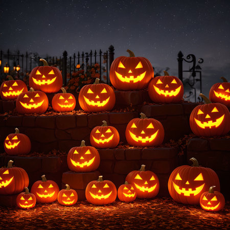 Halloween realistic Pumpkin house background with spooky pumpkin jack o lantern in a dark moody forest wallpaper,の素材